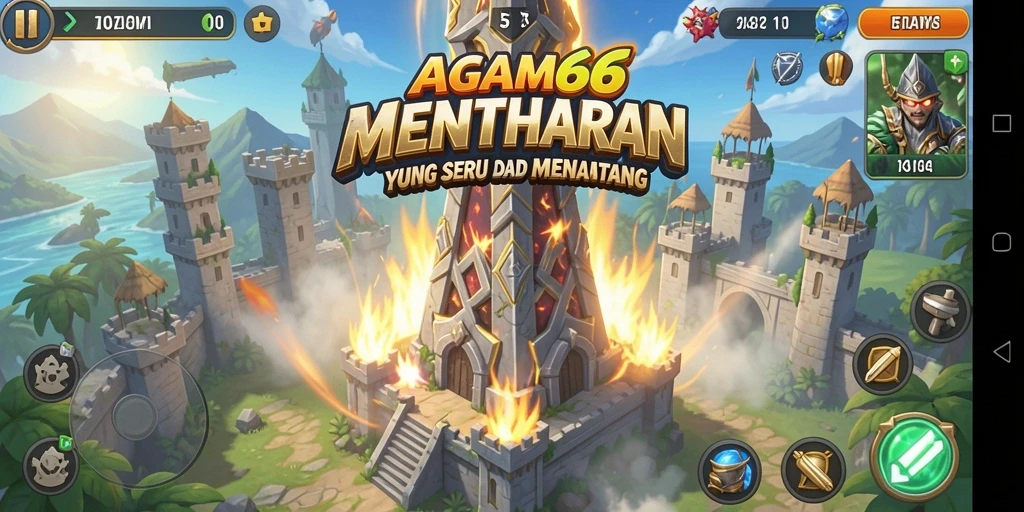 Screenshot AGAM66 menampilkan serangan menara dan strategi pertahanan yang menarik.