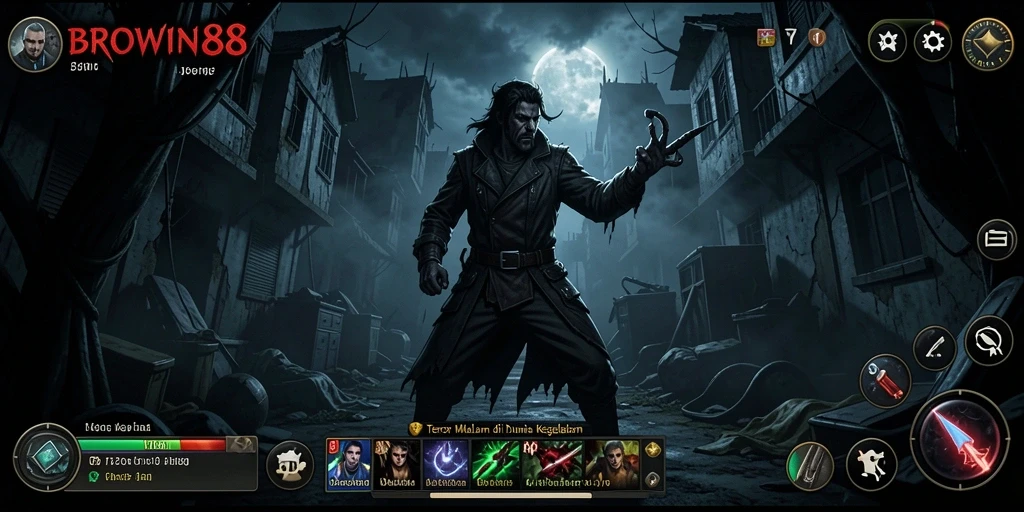 Tampilan gameplay menegangkan dalam BROWIN88 dengan suasana kegelapan yang mencekam.