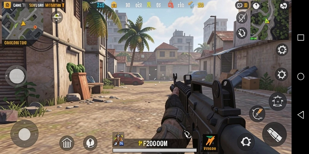 Screenshot F200M menampilkan aksi menembak yang mendebarkan di medan perang.