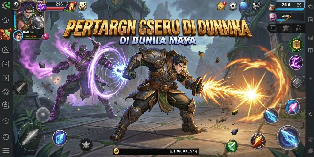 Screenshot HOKIARENA menampilkan aksi pertarungan mendebarkan antara dua karakter.