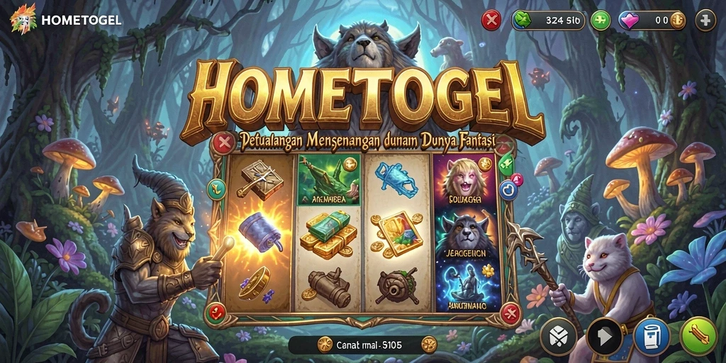 Tangkapan layar utama HOMETOGEL menampilkan karakter dalam petualangan seru di dunia fantasi.
