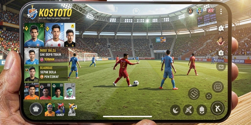 Gameplay KOSTOTO yang menampilkan aksi seru sepak bola.