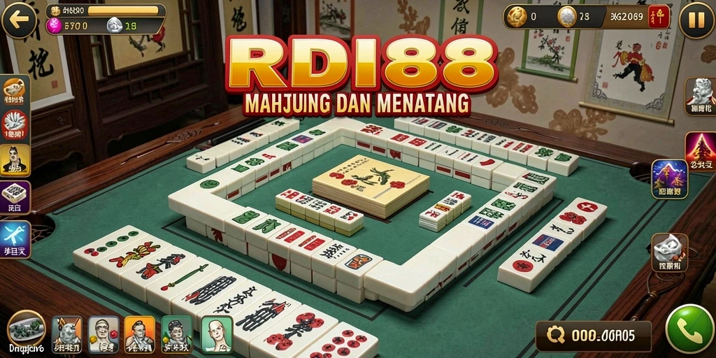 Screenshot gameplay RDI88 menampilkan ubin Mahjong yang berwarna-warni dan antarmuka yang menarik.