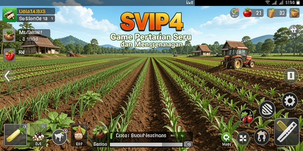 Screenshot gameplay SVIP4 menampilkan pemandangan ladang yang subur dan hewan ternak.