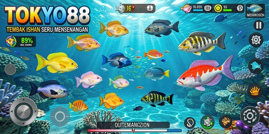 Tampilan gameplay seru dalam TOKYO88 dengan berbagai ikan warna-warni.
